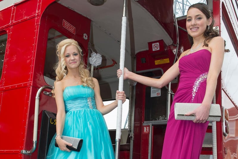 Now that's a stylish form of transport! Claire and Hayley posed for photos on a classic red double decker bus at the Outwood prom in June 2014.