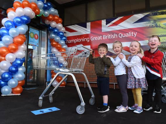 Little shoppers James, Ava, Dorothy, and Harry were invited to the new Leyland Aldi in School Lane when it opened its doors for the first time, photo by Neil Cross.