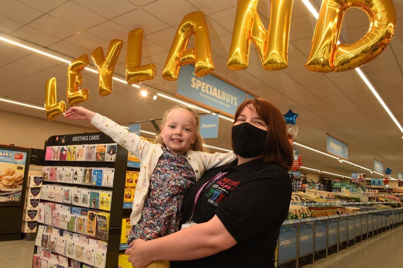 Little shopper Dorothy with Katy, who were both invited to the new Leyland Aldi in School Lane, photo by Neil Cross.