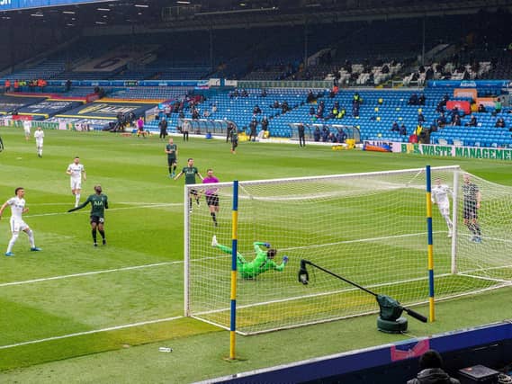 ALL OVER: Tottenham 'keeper Hugo Lloris is beaten all ends up as Rodrigo, left, fires home following a cross from Raphinha, right. Picture by Bruce Rollinson.