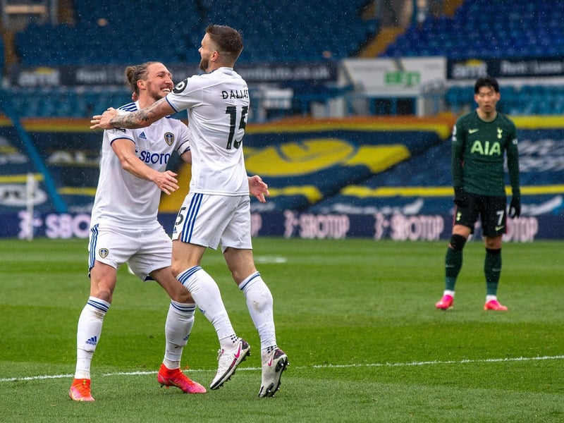 Tottenham forward Heung-Min Son, right, can only look on as Dallas celebrates his opener with stand-in-skipper Luke Ayling. Picture by Bruce Rollinson.