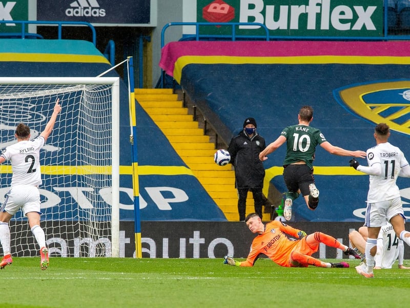 Tottenham's Harry Kane provides a beautiful finish to lift the ball home over Illan Meslier only to be flagged offside, VAR then confirming that the England captain was off by the slimmest of margins. Picture by Bruce Rollinson.