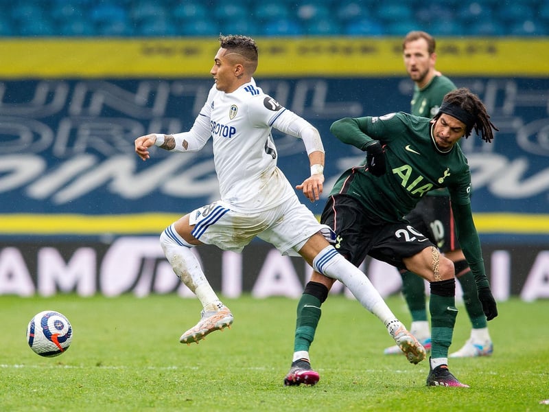 Raphinha, on as a second half substitute for Tyler Roberts, flies past Tottenham's Dele Alli. Picture by Bruce Rollinson.