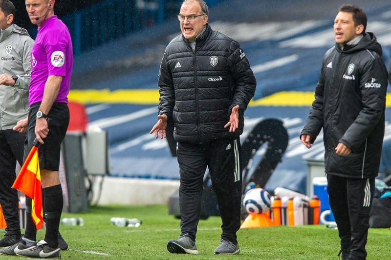 Whites head coach Marcelo Bielsa shouts out the instructions as Leeds look to bag a first victory against a so-called 'big six' side at Elland Road. Picture by Bruce Rollinson.