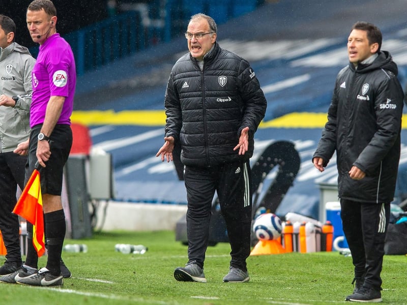 Whites head coach Marcelo Bielsa shouts out the instructions as Leeds look to bag a first victory against a so-called 'big six' side at Elland Road. Picture by Bruce Rollinson.