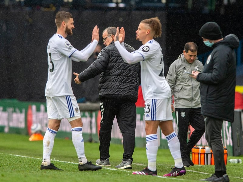 England international midfielder Kalvin Phillips replaces Polish international Mateusz Klich as a 89th-minute sub with victory in the bag as both show their delight and Bielsa gives a thumbs up. Picture by Bruce Rollinson.