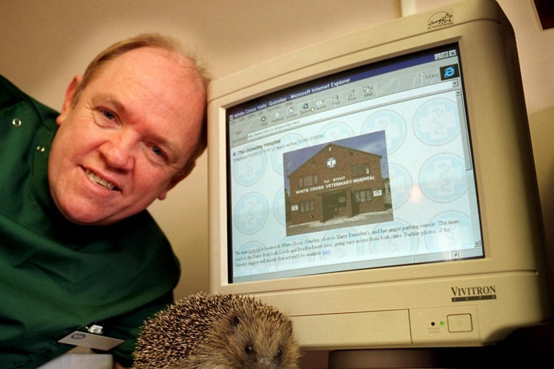 January 1997 and White Cross Veterinary Group was on the super information higheway thanks to its own website. Pictured is vet Craig Harrison with Harry the Hedgehog.