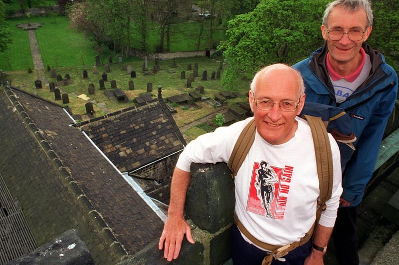 This is Michael Hardacre (left) and Brian Gill who were doing a 100 mile non-stop sponsored walk to raise money to replace part of the roof at St Oswald's Church.
