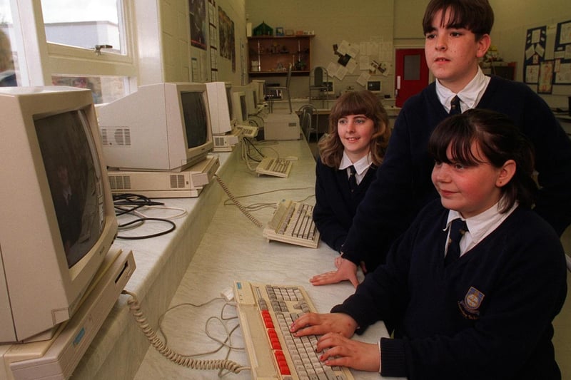 Inside one of the new technology rooms at Guiseley School in May 1997. Pictured, from the left, are Katie Roo, Liam Olliver and Alex Marshall.