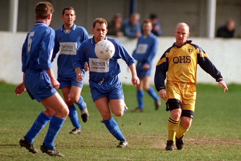 New Guiseley signing David Speedie (right) in action against Frickley in March 1997.