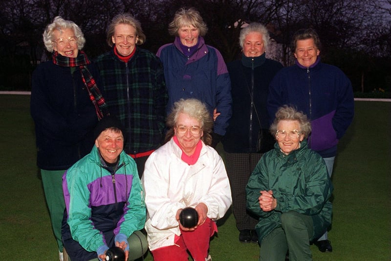 The newly-formed Guiseley Ladies bowls team in April 1997. Back: Joan Bellhouse, Gillian Brock, Lynette Hall, Barbara Grainger, Pat Walker. Front: Betty Williams, Glenis Lickley, Margaret Orchard.