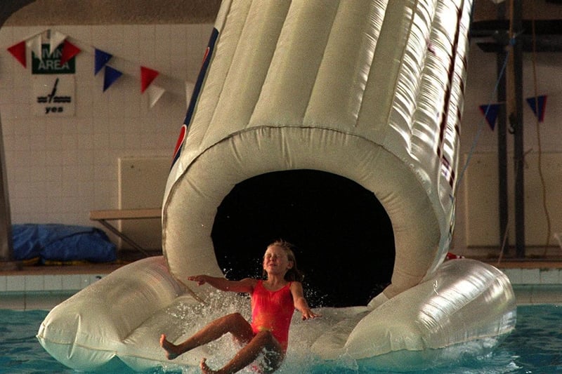 One of dozens of youngsters who had a slide on the 'Black Hole' at Aireborough Leisure Centre in September 1997.