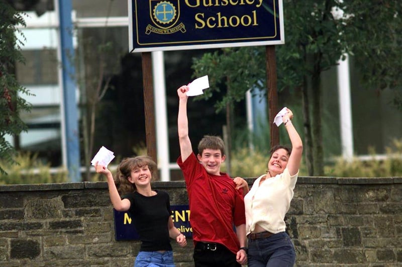 Guiseley School students celebrate their GCSE results in August 1997. Pictured are Lisa Barker, Edward Davies and Hannah Riddell.