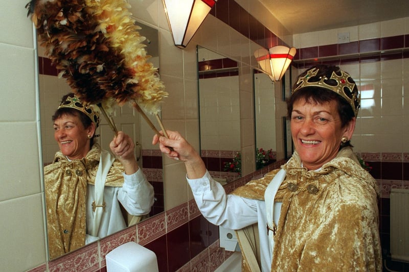 December 1997 and pictured is queen of the cleaners Val Roberts in the ladies toilets at Harry Ramsden's.