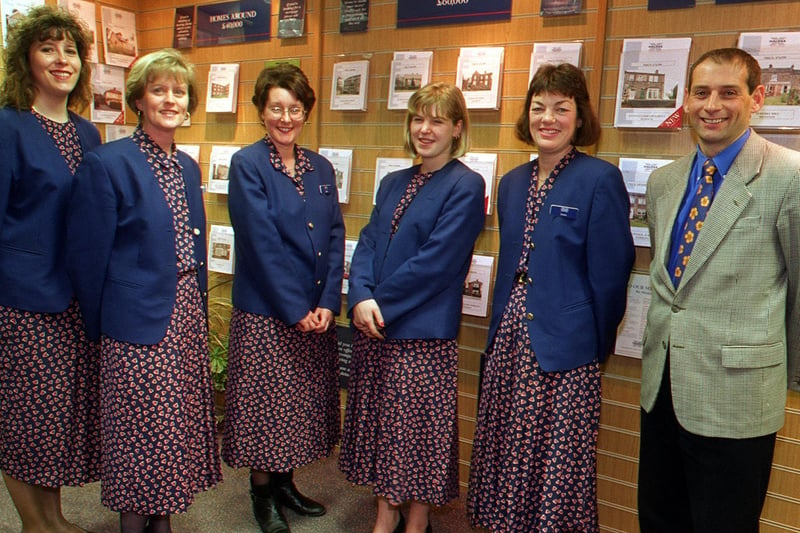 Guiseley Halifax Property Services team in Decemmber 1997. Pictured, left to right, Brenda Rathmell, Tessa Wilkinson, Julie Bottomley, Kirsty Smith, Susan Lambert and manager David Walker.