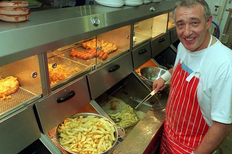 Home on the range. Andy Hill pictured in December 1997 at work in his fish restaurant in Guiseley.