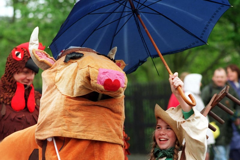 Still smiling through the rain at Ilkley Carnival was Clare Fitton who sheltered her mum Lesley -  inside the cow costume - as part of the Ilkley Amateur Operatic float.