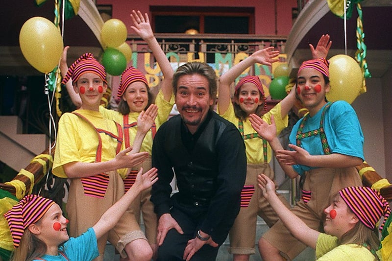 Comedian Billy Pearce opens the Up Stagers Theatre Group Spring Fair at the Winter Gardens in April 1997. He is pictured with group members dressed as Glublicks.