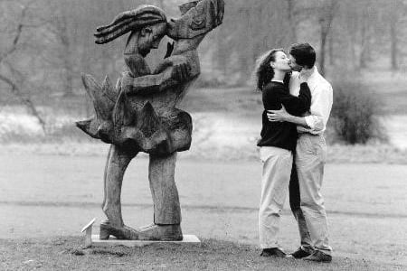 Pictured here are third year Bretton Hall College students tom Clark, 24, and Sarah Fallon, 22, outside the 1984 sculpture by Richard Lawrence at Bretton appropriately called "Embrace".