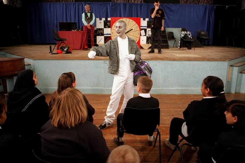 Roundhay School pupils watch members of the Figment Theatre Company during a drama based on the problem of bullying and truancy.