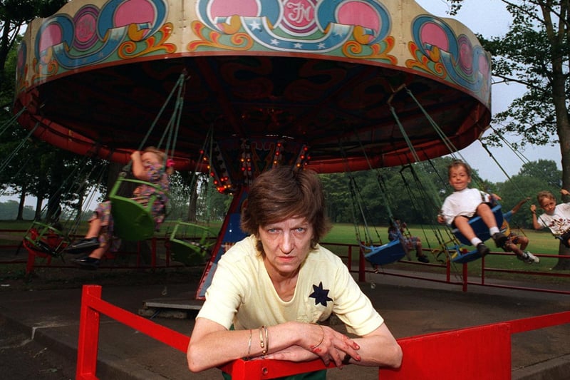Owner Evelyn Miller pictured at one of her rides at the Roundhay Park fun fair in August 1996. The fun fair was facing an uncertain future.