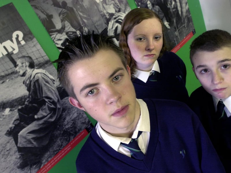 January 2001 and pupils from John Smeaton High School had been speaking about the Holocaust. Pictured, left to right, are Stephen Dinsmore, Claire Chapman and Lee Wright.