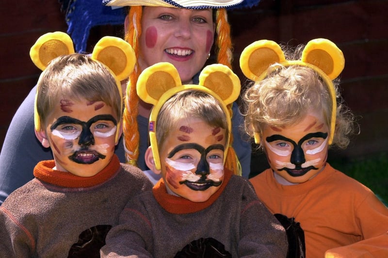 Julie Atha with her triplets James, Liam and Chloe from Cross Gates dressed in their Goldilocks and the three bears outfits in May 2001.