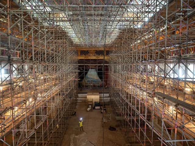 Project manager Keith Langton viewing the entire space of the Blackpool Tower Ballroom which is covered in scaffolding during its restoration