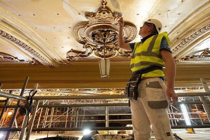 A team of highly skilled craftsmen are hard at work on the ballroom, who have worked on projects including the Queen’s Gallery at Buckingham Palace