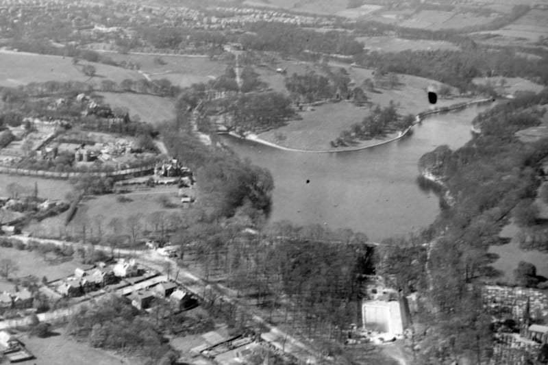 Wetherby Road below with St. Johns Church bottom right. Open air swimming pool with Waterloo Lake in centre. Cobble Hall Golf Course on right.