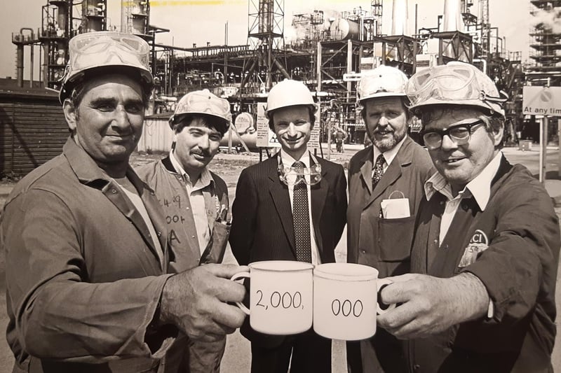 Vinyl Chloride workers celebrated production of two million tonnes of monomer at ICI in 1984. Pictured are Alan Lewis, Don Williams, Ian Barlow, Bill Fairclough and Jim Hewitt