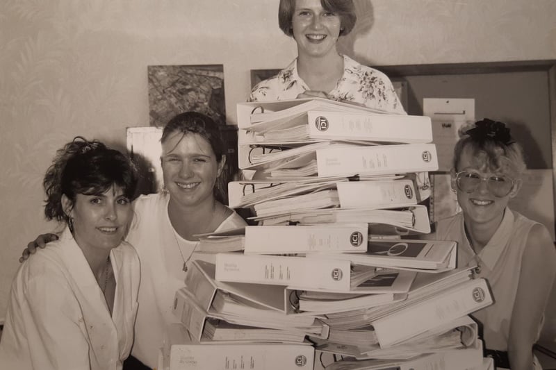 Handling a mountain of paperwork during a relocation of parts of Fluropolymers at ICI are Alison Atkinson, Gail Simpson, Jane Marshall and Sarah Metherell