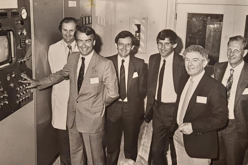 Willem Prinselaar presses the button at Welvic Plastics Plant at ICI to start production on plastic for double glazed units in 1984. With him are Steve Riley, Barry Livingstone, Keith Engstrom, Derek Ashworth and Eric Thompson