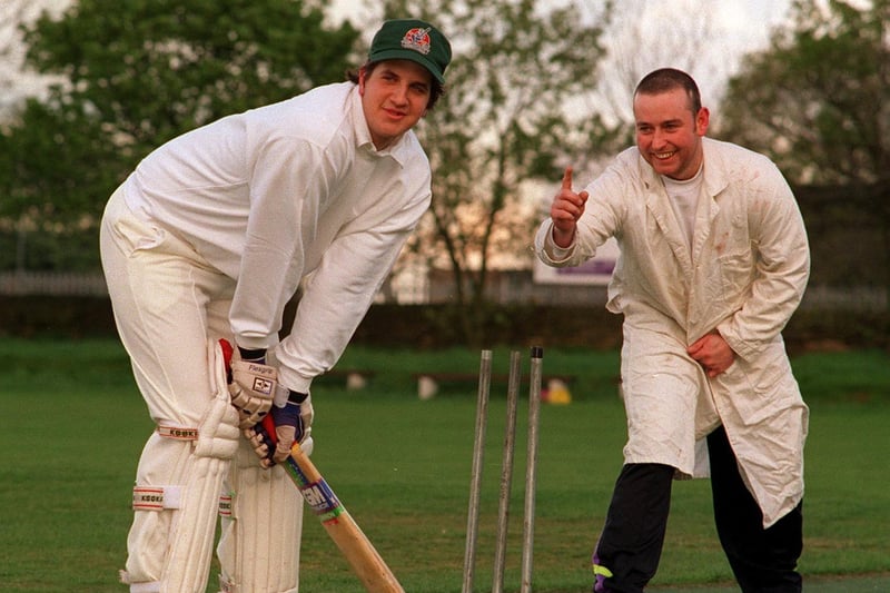 Owzat, teammate!  Stand-in umpire John Hyde with his Morley CC teammate Chris Smith, who he gave 'out' during a game against Townville in May 1997.