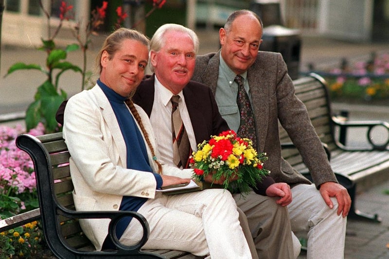 Gardening experts - Bob Flowerdew, Geoffrey Smith and Nigel Colborn -  relax in the precinct outside Morley Town Hall. They were ready to present BBC Radio Four Gardeners Question Time from Morley Town Hall.