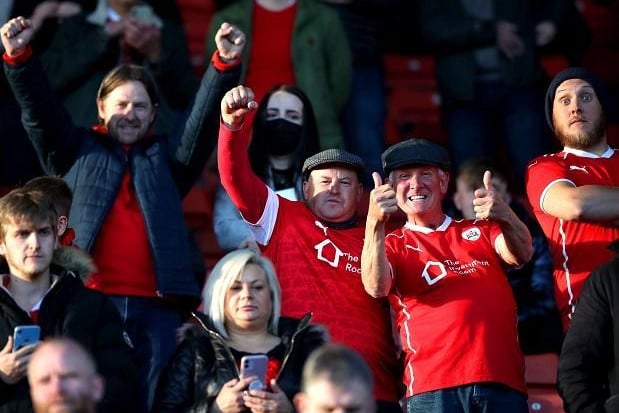 GLAD TO BE BACK: BaRNSLEY FANS SHOW THEIR DELIGHT AT BEING ALLOWED BACK INTO THEIR BELOVED oAKWELL sTADIUM