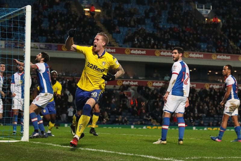 Pontus Jansson celebrates after scoring durin g the Championship clash against Blackburn Rovers at Ewood Park in February 2017. Leeds won 2-1.