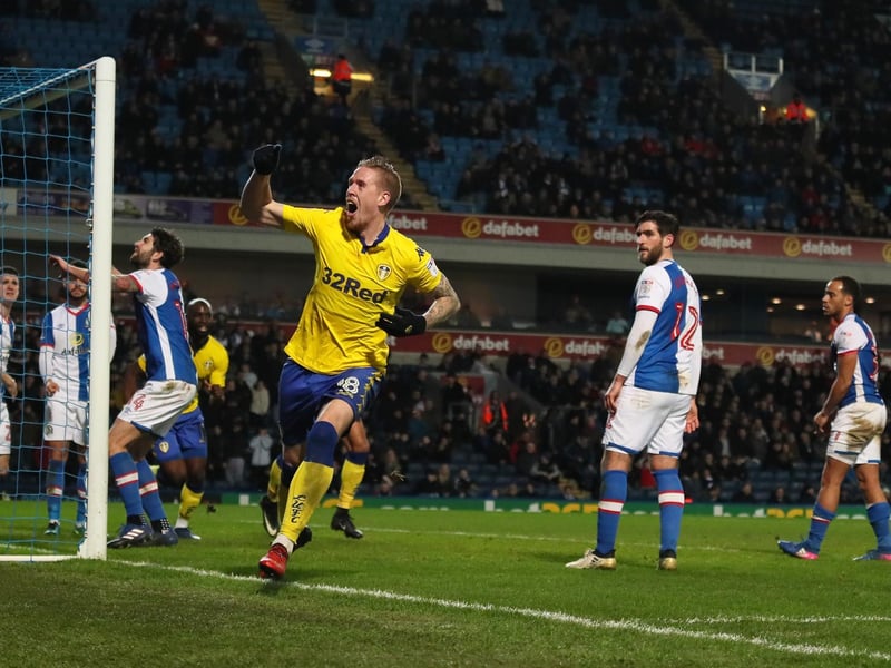 Pontus Jansson celebrates after scoring durin g the Championship clash against Blackburn Rovers at Ewood Park in February 2017. Leeds won 2-1.