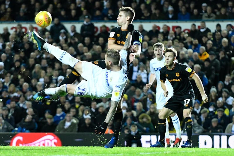 Pontus Jansson attempts an overhead kick under pressure from Hull City's Markus Henriksen during the Championship clash at Elland Road in December 2018.
