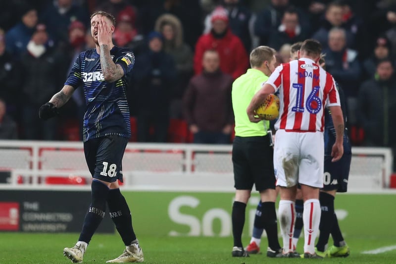 Pontus Jansson is sent for a second yellow card during the Championship clash against Stoke City at the Bet365 Stadium in January 2019.