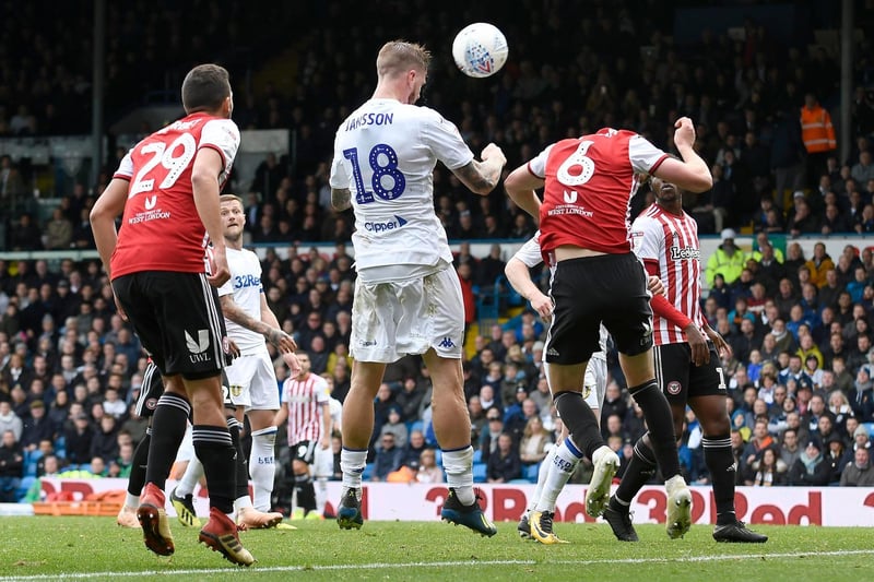 Pontus Jansson scores the equalising goal from a header during the Championship clash against Brentford at Elland Road in October 2018.