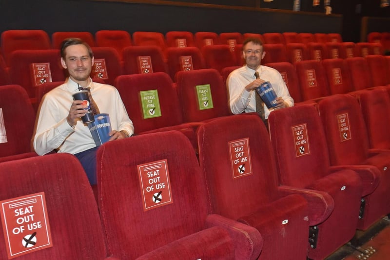 Gary Benn, manager of Cottage Road Cinema and Steven Moore, assistant manager, sit in the marked out seats to ensure social distancing in Headingley (photo: Steve Riding)