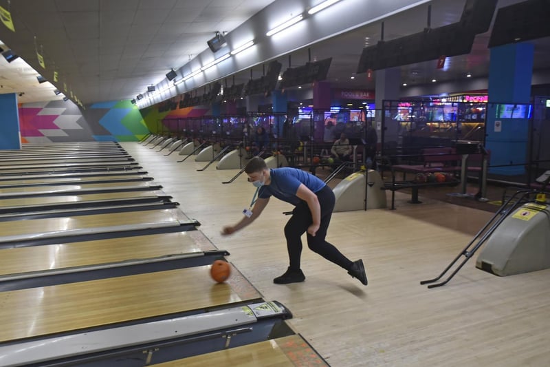 Caine Glancy of Leeds sends a ball down at Tenpin in the Merrion Centre (photo: Steve Riding)