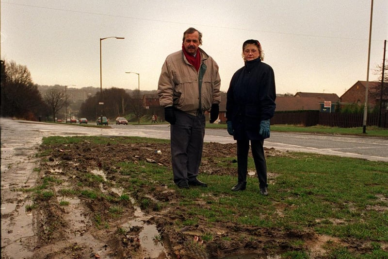 Waterlogged grass verges on Broadway in February 1997 had householders calling for action. Pictured is resident Eileen Walker with Coun Chris Townsley.