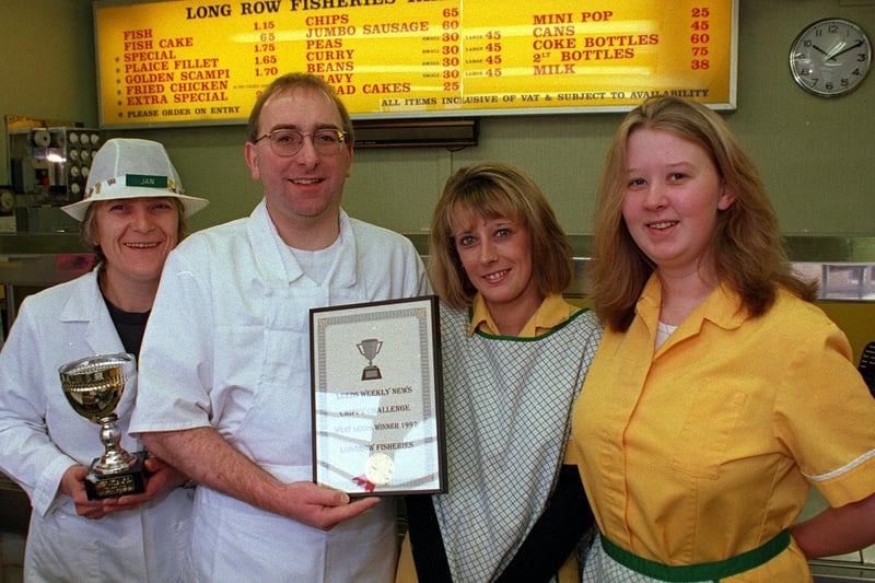 Long Row Fisheries was named a champion chippy in April 1997. Pictured, left to right, is Janice Sowry, Robert Smithers, Alyson Pitts and Eleanor Gordon.
