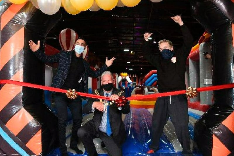 The Mayor of Preston, Coun David Borrow opens Jump Maniax inflatable park with Samir Patel and Martin Bamber