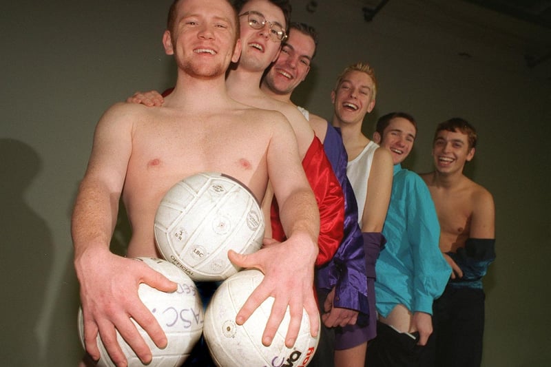 Members of the volleyball team at Horsforth's Trinity and All Saints College who performed a 'Full Monty' style show to raise money for charity in December 1997.