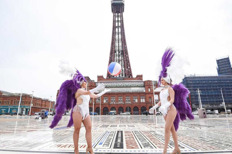 Viva Showgirls celebrate the reopening of Blackpool after lockdown restrictions ease.