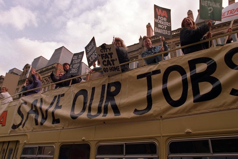 March 1997 and members of staff from Wallace Arnold pictured during their open top bus protest in the city centre at the proposed selling off of the firm to rivals Shearings.