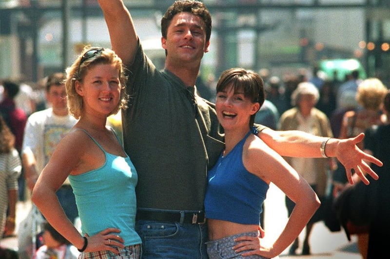 Cast members from musical Fame baing staged at the Leeds Grand Theatre pose for a photo-call. Pictured, from left, are Suzie Boyle, Craig Urbani and Kimberley Partridge.